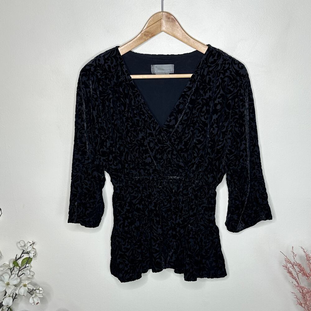 ANTHROPOLOGIE Aleska Damask Velvet Burnout Peplum Blouse Black Sz S {D6} - Picture 2 of 6